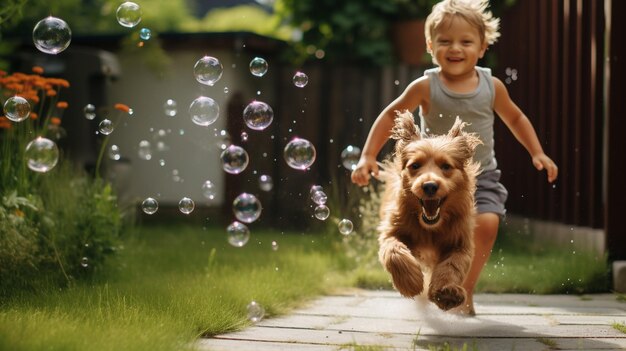 Photo a child and puppy chasing bubbles in the background