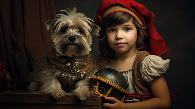 Photo a child and puppy playing dressup with background