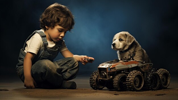 A Child And Puppy Playing With Background