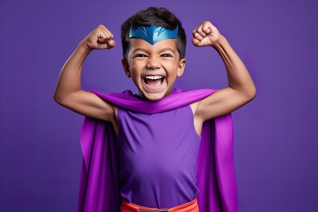 A child in a purple superhero costume shows exciting joyful emotions