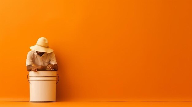 The child put a bucket on his head sitting on an orange background funny child hid in a white bucket