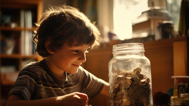 Ребенок кладет монеты в стеклянную банку. Концепция сбережений и инвестирования.