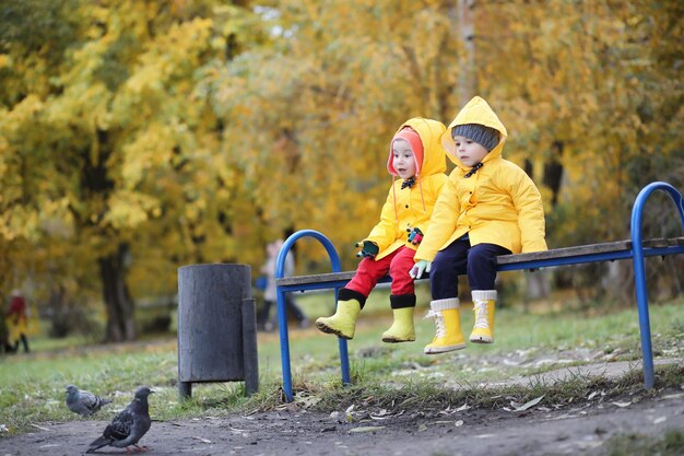 A child in a raincoat for a walk outside