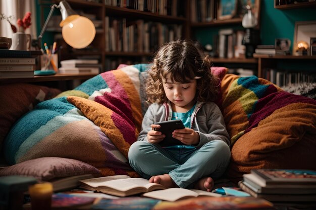 Child Reading Book on Sofa with Digital Tablet in Living Room