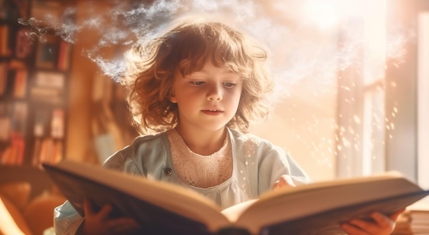 Ребенок читает книгу со словом «волшебство» на обложке.