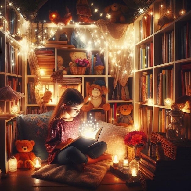 Photo a child reading magical book in a cozy reading nook