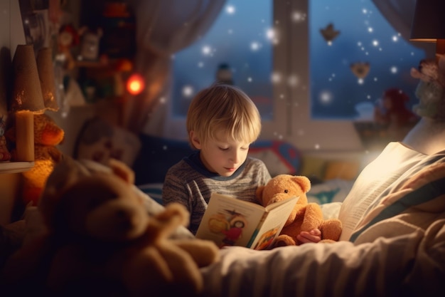 Photo a child reads a book in a dark room.