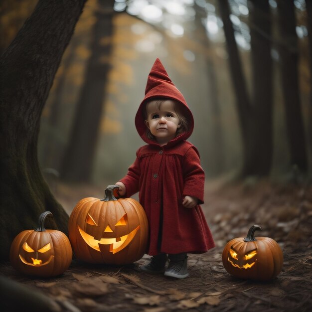 A child in a red cape stands in front of pumpkins.