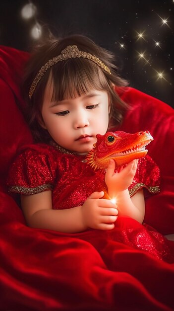 Photo a child in a red dress holds a dragon toy.