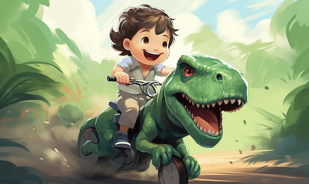 Photo a child rides a bike with a dinosaur on the back