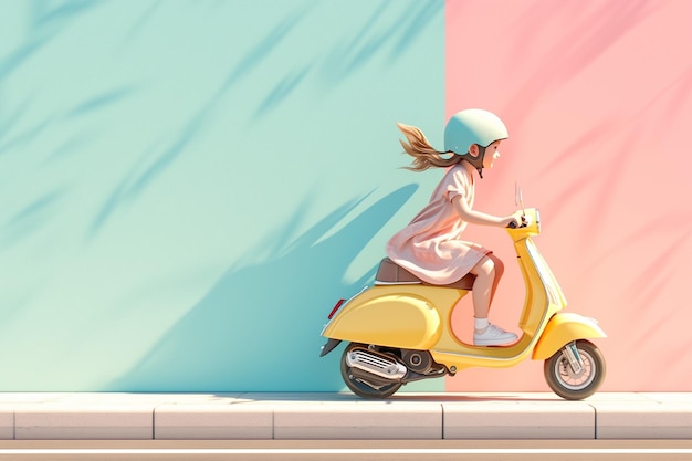 Photo child riding a scooter on pastel wall background
