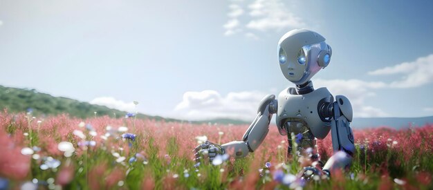 Child robot concept in summer flower field super realistic sun day light AI generated