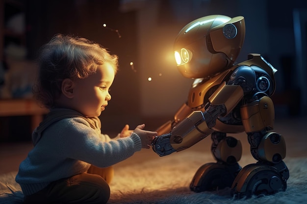 Фото Робот-детская няня и маленький ребенок взаимодействие человека и робота знания обучение коммуникации будущее