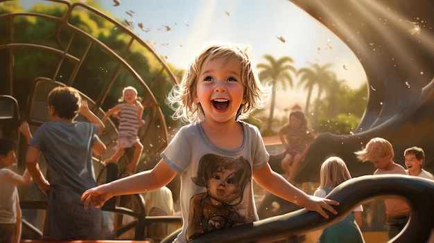 a child on a roller coaster with a shirt that says " happy birthday ".