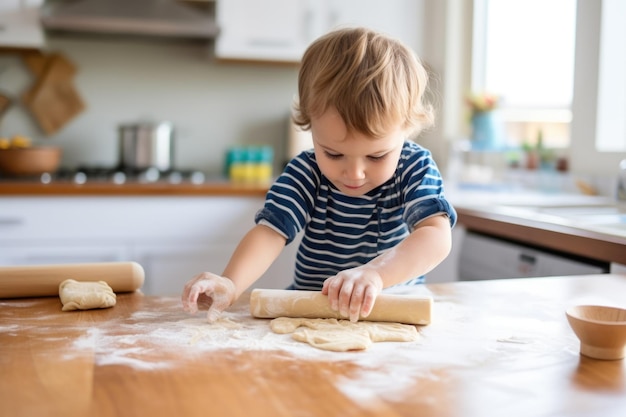 Child rolling dough on the kitchen counter