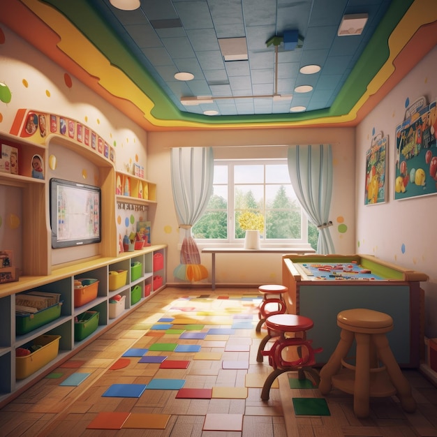 Фото Детская комната с книжной стойкой, кроватью, креслом и большим окном в детском саду