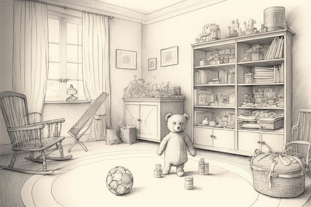 Foto stanza del bambino con l'illustrazione di schizzo a matita di giochi e giocattoli vintage