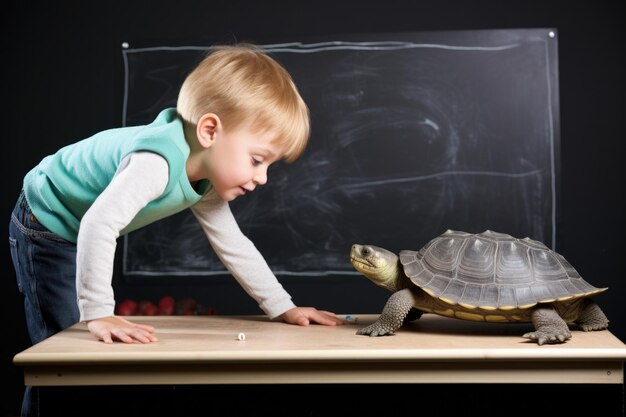 写真 子供がチョークボードでペットのカメの年齢を丸める