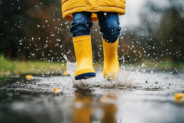 Foto bambino con stivali di gomma e impermeabile giallo che salta in una pozzanghera