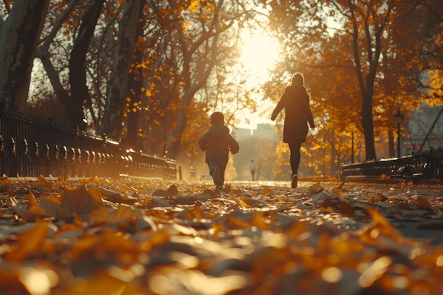 Foto bambino che corre e gioca con la madre nel parco della città in autunno tempo di famiglia