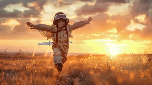 Foto bambino che corre nel campo con un aquilone