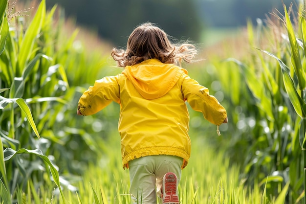 A child running through tall cornfields