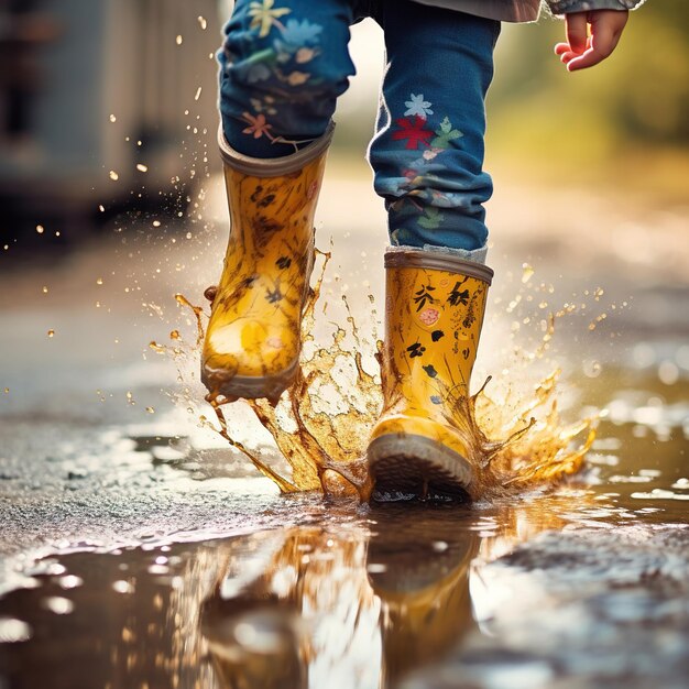 Photo a child runs through puddles in rubber boots dirty splashes view from below closeup