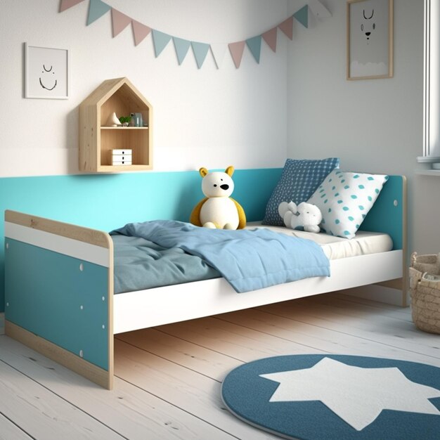 Foto una camera da letto per bambini con un letto blu e bianco e una stella bianca sul muro.