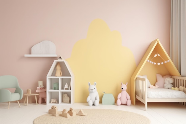 A child's bedroom with a pink wall and a white rabbit bed and a wooden hut.