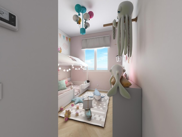 A child's bedroom with a stuffed octopus on the wall