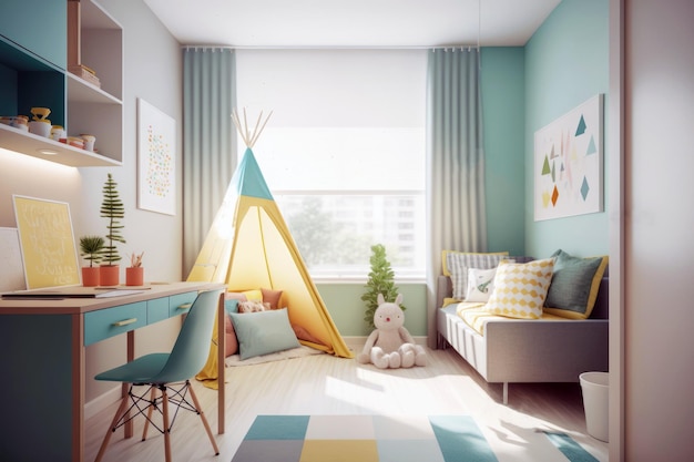 A child's bedroom with a teepee and a white teddy bear on the wall.