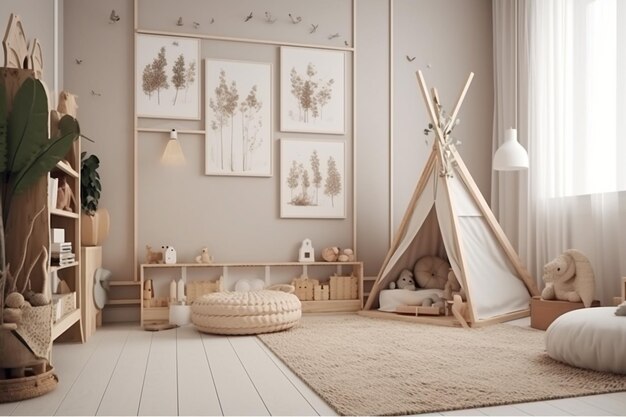 A child's bedroom with a teepee and a wooden shelf with a tree on it.