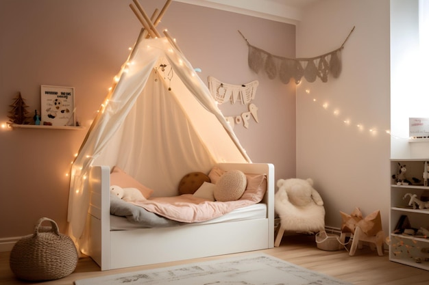 A child's bedroom with a white tent with the word love on it.