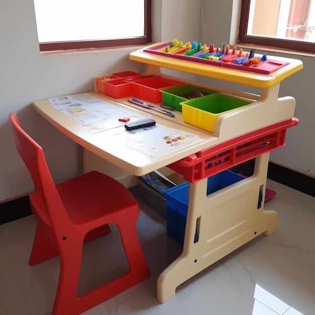 A child's desk with a red plastic chair and a red plastic chair.