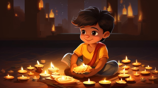 child's face is filled with happiness and concentration as they carefully light the Diya