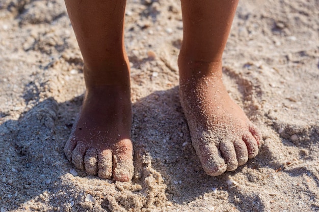 Child's feet in the sand on a sandy beach. Top view, flat lay.