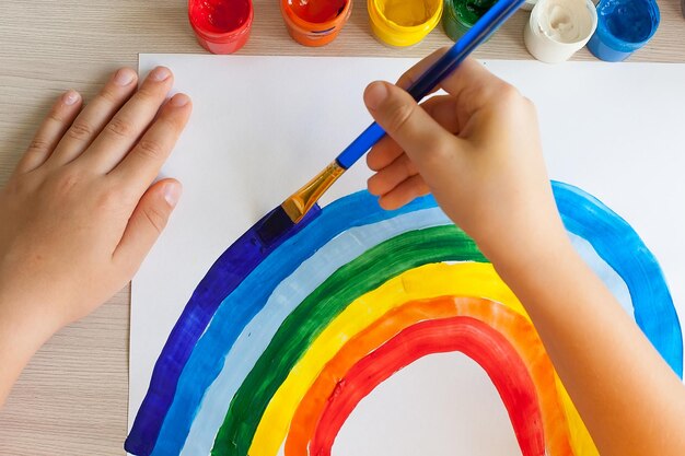 Child's hand draws a rainbow on a white background