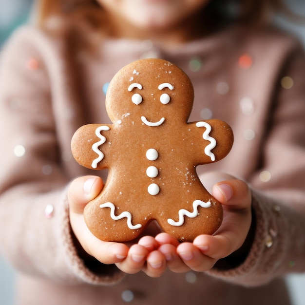 Photo child's hand holding a freshly baked gingerbread man cookie