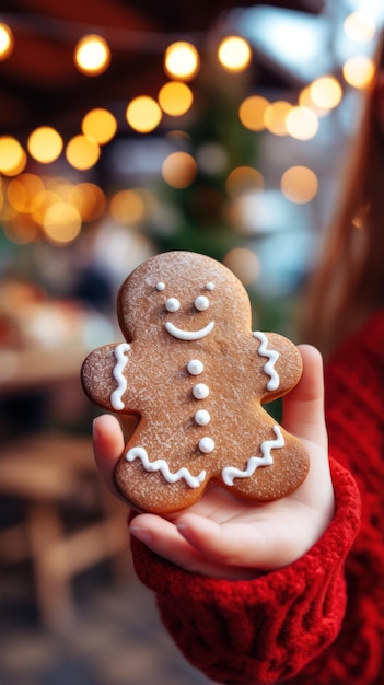 Photo child's hand holding a freshly baked gingerbread man cookie