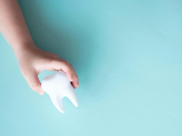 The child's hand holds a large plastic white tooth with a place for the text the concept of children's dentistry