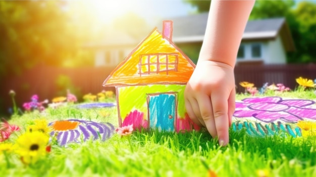 A child's hand is drawing a house on the grass