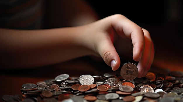 A child's hand is picking up a coin from a pile of coins.