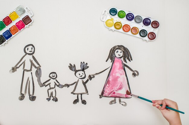 Photo the child's hand paints a happy family