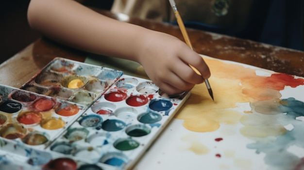 Рука ребенка рисует картину акварелью.