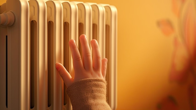 La mano di un bambino posta su un radiatore caldo contro una parete di luce morbida che simboleggia il comfort e il calore in una casa