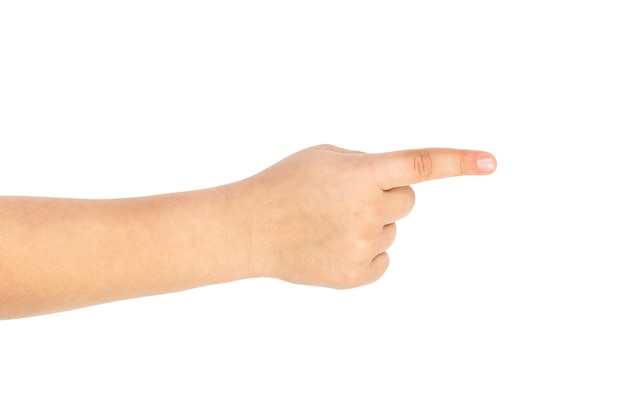 Child's hand pointing to something Isolated on white