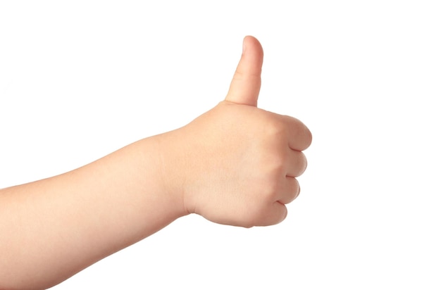 Child's hand showing thumb up like positive sign Isolated on white background