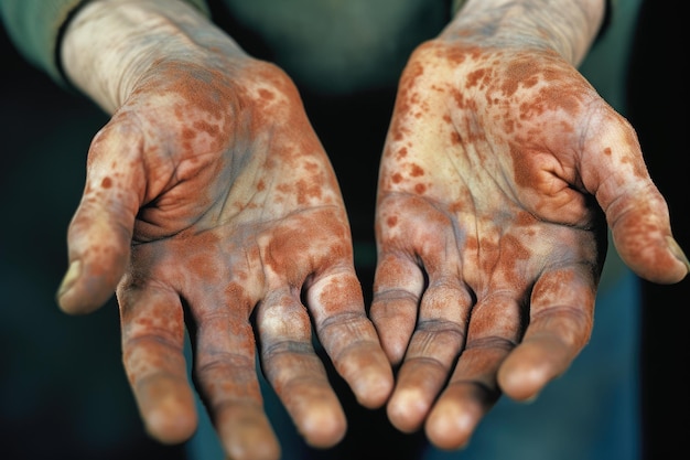 Foto mani del bambino colpite da macchie rossastre indicazioni di lebbra