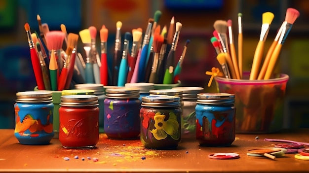 A child's paintbrushes and colorful pots