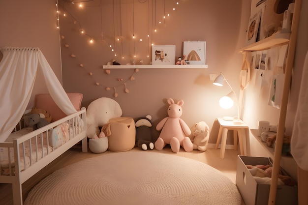 A child's room with a crib, a bunny and a crib with a shelf with string lights hanging from it.